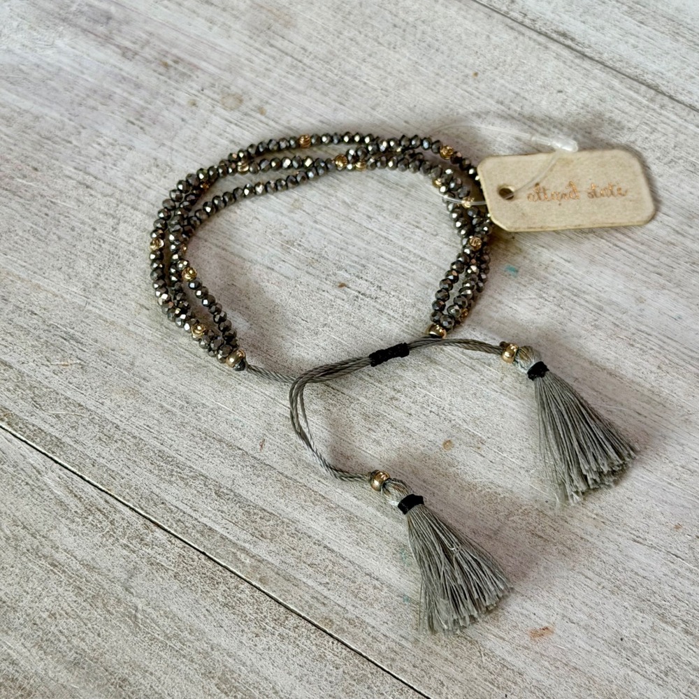 Altar'd State Hematite Beaded Tassel Wrap Bracelet Adjustable Grey Gold Tone NWT